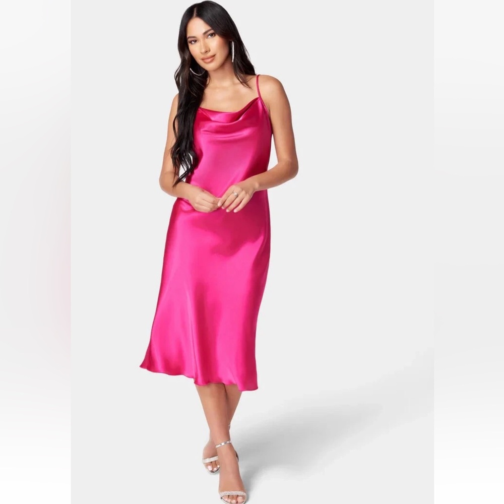 Bebe Liquid Satin Slip Dress Size M Fuchisa Wedding Guest Draped Neck NWT $109